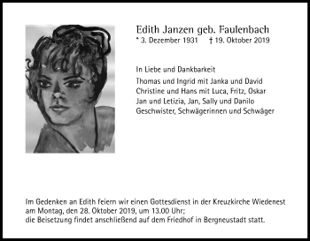 Anzeige von Edith Janzen von Kölner Stadt-Anzeiger / Kölnische Rundschau / Express