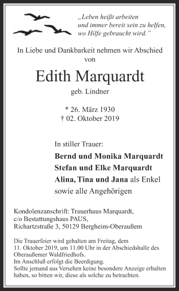 Anzeige von Edith Marquardt von  Werbepost 