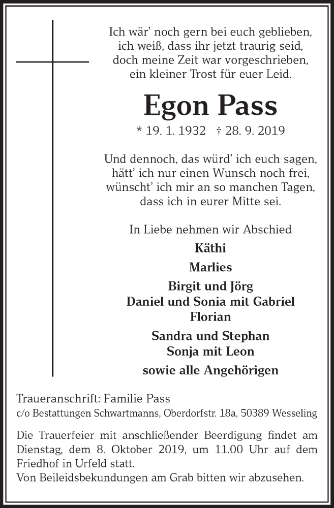  Traueranzeige für Egon Pass vom 02.10.2019 aus  Schlossbote/Werbekurier 