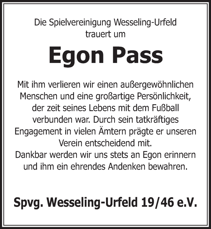  Traueranzeige für Egon Pass vom 02.10.2019 aus  Schlossbote/Werbekurier 