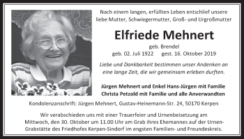 Anzeige von Elfriede Mehnert von  Werbepost 