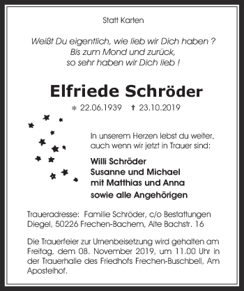 Anzeige von Elfriede Schröder von  Wochenende 