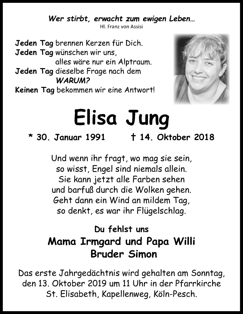  Traueranzeige für Elisa Jung vom 09.10.2019 aus Kölner Stadt-Anzeiger / Kölnische Rundschau / Express