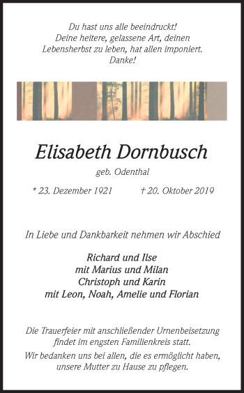 Anzeige von Elisabeth Dornbusch von Kölner Stadt-Anzeiger / Kölnische Rundschau / Express