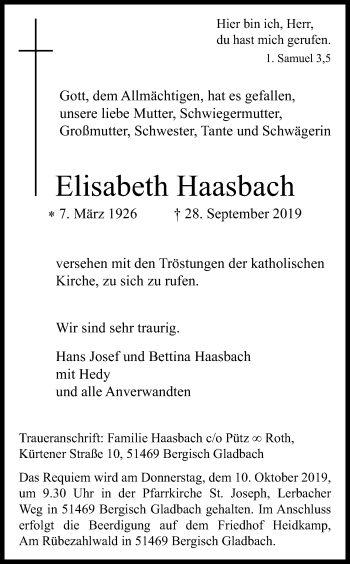 Anzeige von Elisabeth Haasbach von Kölner Stadt-Anzeiger / Kölnische Rundschau / Express
