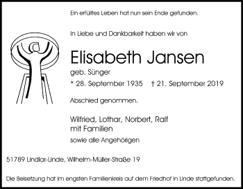 Anzeige von Elisabeth Jansen von Kölner Stadt-Anzeiger / Kölnische Rundschau / Express