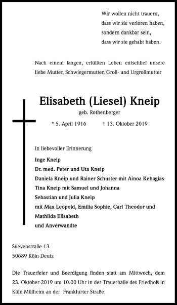 Anzeige von Elisabeth Kneip von Kölner Stadt-Anzeiger / Kölnische Rundschau / Express