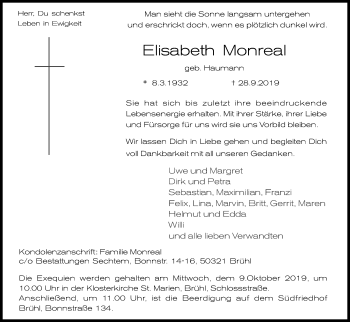 Anzeige von Elisabeth Monreal von Kölner Stadt-Anzeiger / Kölnische Rundschau / Express
