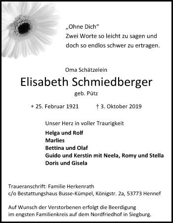 Anzeige von Elisabeth Schmiedberger von Kölner Stadt-Anzeiger / Kölnische Rundschau / Express