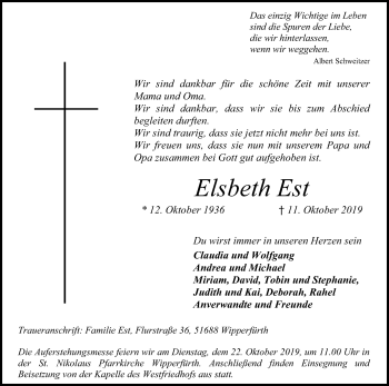 Anzeige von Elsbeth Est von Kölner Stadt-Anzeiger / Kölnische Rundschau / Express