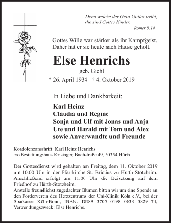 Anzeige von Else Henrichs von  Wochenende 