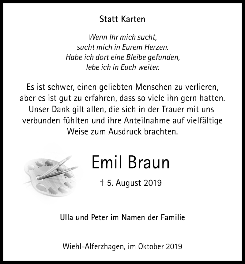  Traueranzeige für Emil Braun vom 19.10.2019 aus Kölner Stadt-Anzeiger / Kölnische Rundschau / Express