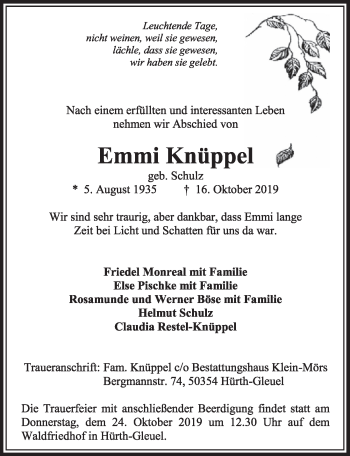 Anzeige von Emmi Knüppel von  Sonntags-Post 