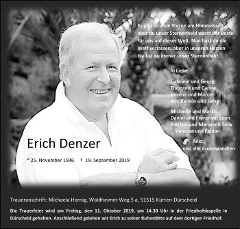 Anzeige von Erich Denzer von Kölner Stadt-Anzeiger / Kölnische Rundschau / Express