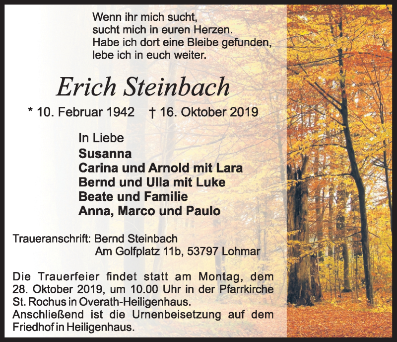  Traueranzeige für Erich Steinbach vom 19.10.2019 aus Kölner Stadt-Anzeiger / Kölnische Rundschau / Express