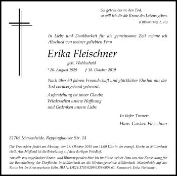 Anzeige von Erika Fleischner von Kölner Stadt-Anzeiger / Kölnische Rundschau / Express