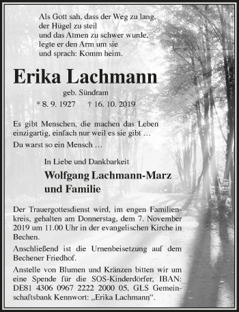 Anzeige von Erika Lachmann von  Bergisches Handelsblatt 