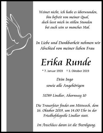 Anzeige von Erika Runde von Kölner Stadt-Anzeiger / Kölnische Rundschau / Express