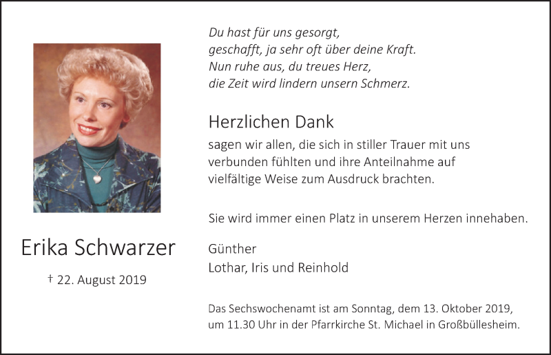  Traueranzeige für Erika Schwarzer vom 05.10.2019 aus  Blickpunkt Euskirchen 