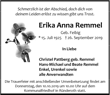 Anzeige von Erika Anna Remmel von  Anzeigen Echo 