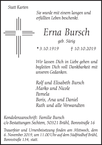 Anzeige von Erna Bursch von  Schlossbote/Werbekurier 