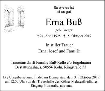 Anzeige von Erna Buß von  Kölner Wochenspiegel 