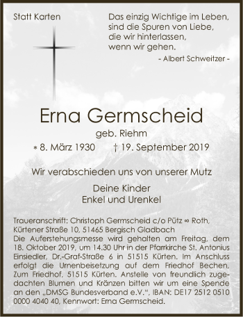 Anzeige von Erna Germscheid von  Bergisches Handelsblatt 
