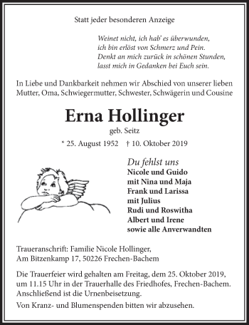 Anzeige von Erna Hollinger von  Sonntags-Post 