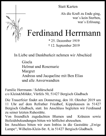 Anzeige von Ferdinand Herrmann von Kölner Stadt-Anzeiger / Kölnische Rundschau / Express