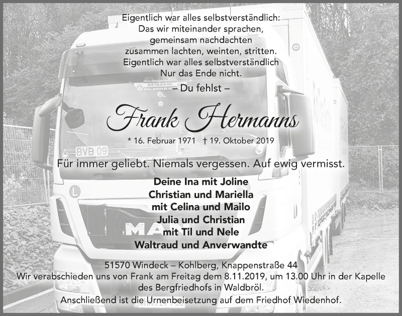  Traueranzeige für Frank Hermanns vom 30.10.2019 aus  Lokalanzeiger 