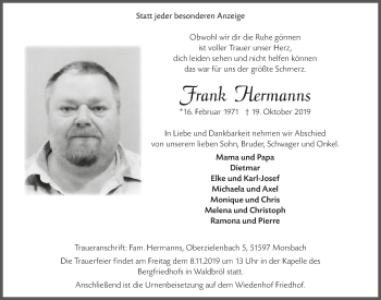 Anzeige von Frank Hermanns von  Lokalanzeiger 
