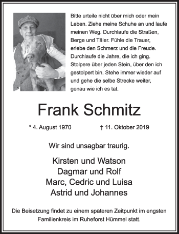 Anzeige von Frank Schmitz von  Sonntags-Post 