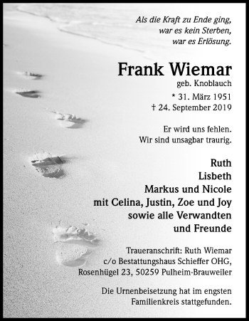 Anzeige von Frank Wiemar von Kölner Stadt-Anzeiger / Kölnische Rundschau / Express