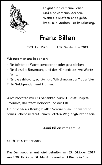 Anzeige von Franz Billen von Kölner Stadt-Anzeiger / Kölnische Rundschau / Express