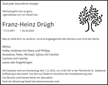 Anzeige von Franz-Heinz Drügh von  Blickpunkt Euskirchen 