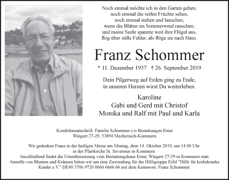  Traueranzeige für Franz Schommer vom 05.10.2019 aus  Blickpunkt Euskirchen 