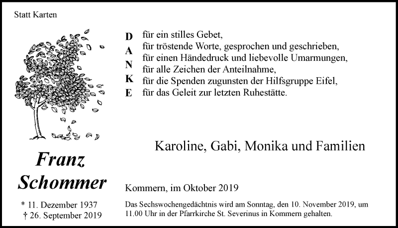 Traueranzeige für Franz Schommer vom 26.10.2019 aus  Blickpunkt Euskirchen 