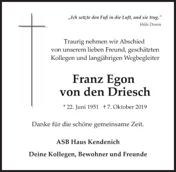 Anzeige von Franz Egon von den Driesch von  Wochenende 