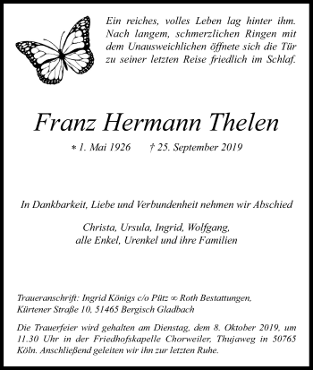 Anzeige von Franz Hermann Thelen von Kölner Stadt-Anzeiger / Kölnische Rundschau / Express