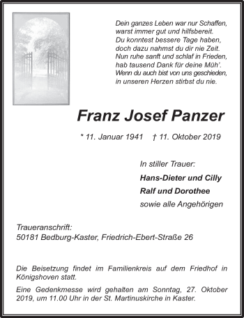 Anzeige von Franz Josef Panzer von  Werbepost 