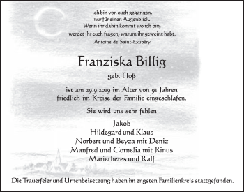 Anzeige von Franziska Billig von  Schlossbote/Werbekurier 