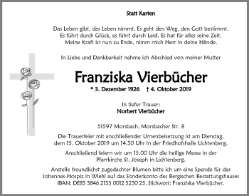 Anzeige von Franziska Vierbücher von  Lokalanzeiger 