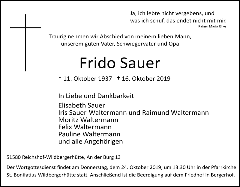  Traueranzeige für Frido Sauer vom 22.10.2019 aus Kölner Stadt-Anzeiger / Kölnische Rundschau / Express