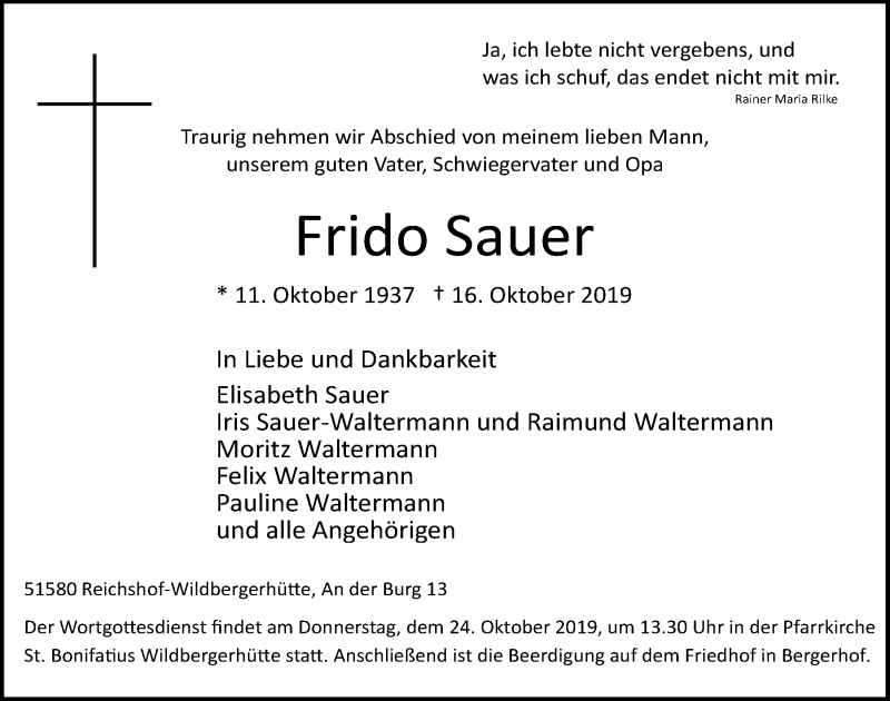 Traueranzeige für Frido Sauer vom 23.10.2019 aus  Anzeigen Echo 