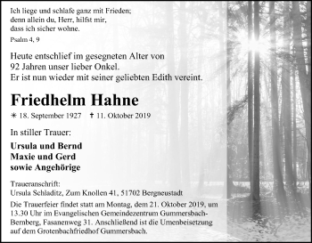 Anzeige von Friedhelm Hahne von Kölner Stadt-Anzeiger / Kölnische Rundschau / Express