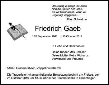 Anzeige von Friedrich Gaeb von Kölner Stadt-Anzeiger / Kölnische Rundschau / Express