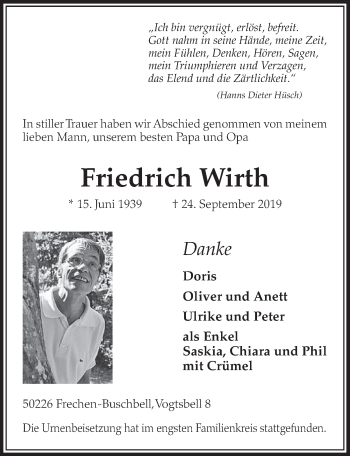 Anzeige von Friedrich Wirth von  Sonntags-Post 