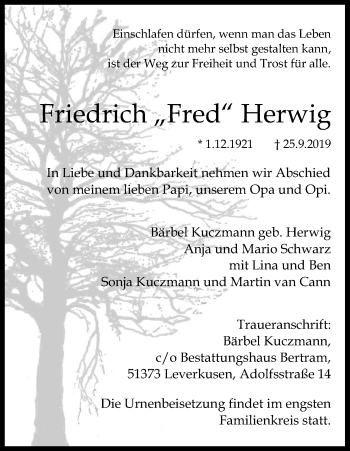 Anzeige von Friedrich Fred Herwig von Kölner Stadt-Anzeiger / Kölnische Rundschau / Express