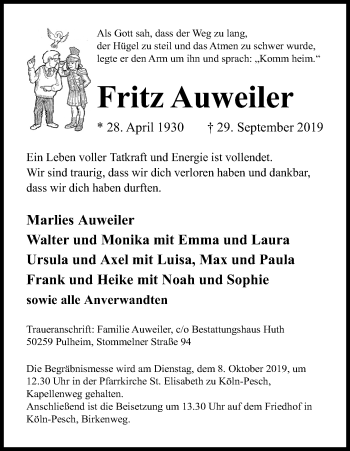 Anzeige von Fritz Auweiler von Kölner Stadt-Anzeiger / Kölnische Rundschau / Express