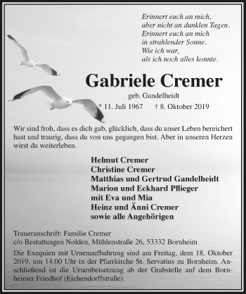 Anzeige von Gabriele Cremer von  Schaufenster/Blickpunkt 